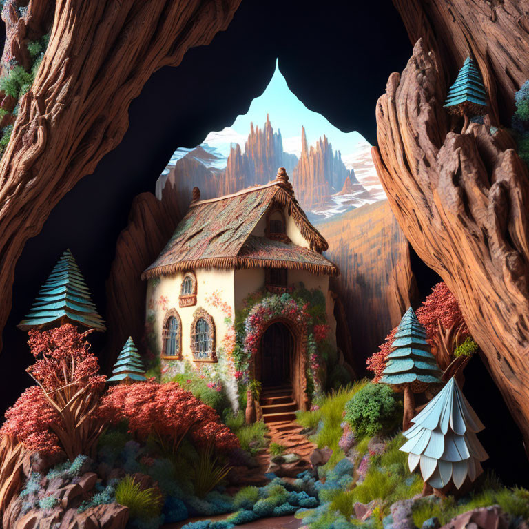 Fairytale cottage surrounded by colorful flora and mountains in cave-like frame