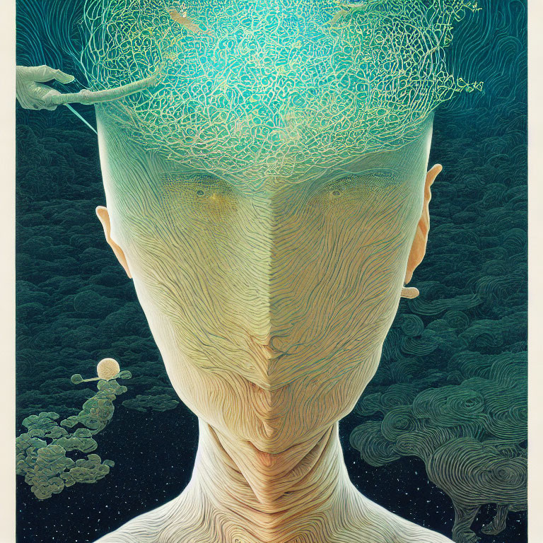 Surreal illustration of person with tree-like brain in starry sky