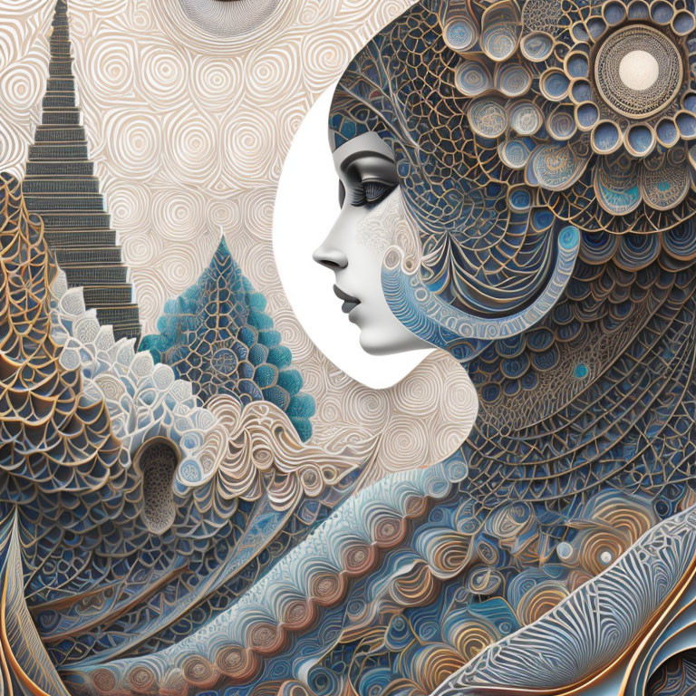 Detailed stylized woman's profile in blue and beige art nouveau design