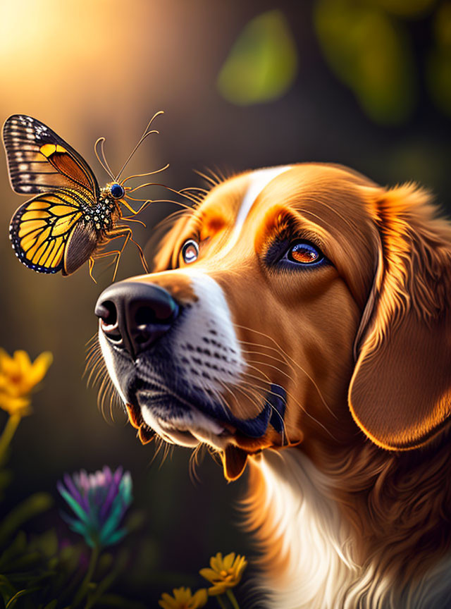 Golden dog with butterfly on nose in sunny garden.