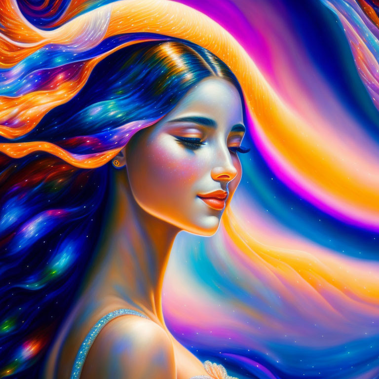 Colorful portrait of woman with rainbow hair on cosmic background