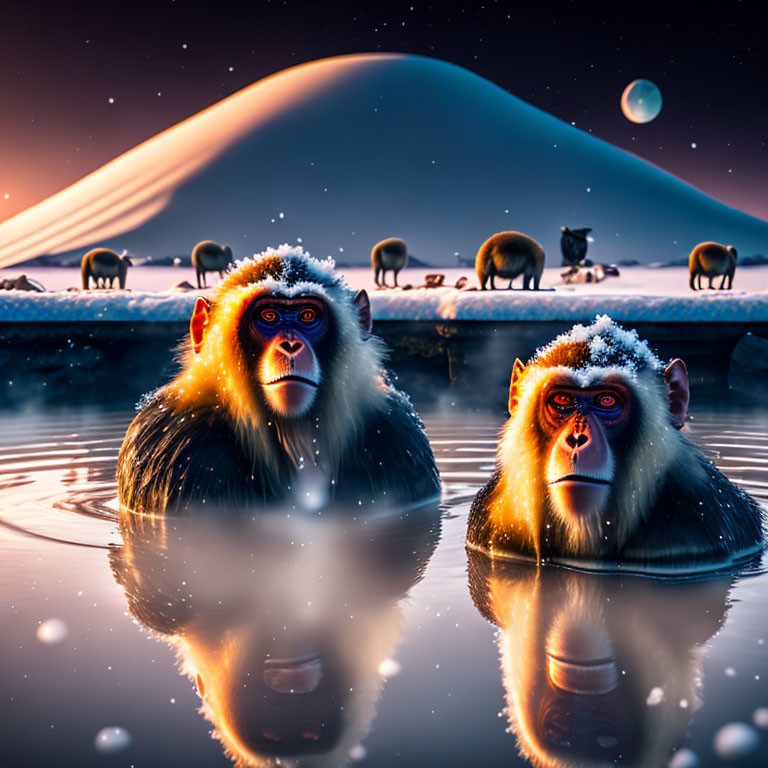 Snowy Mountain Lake Scene with Snow Monkeys, Bison, and Moon