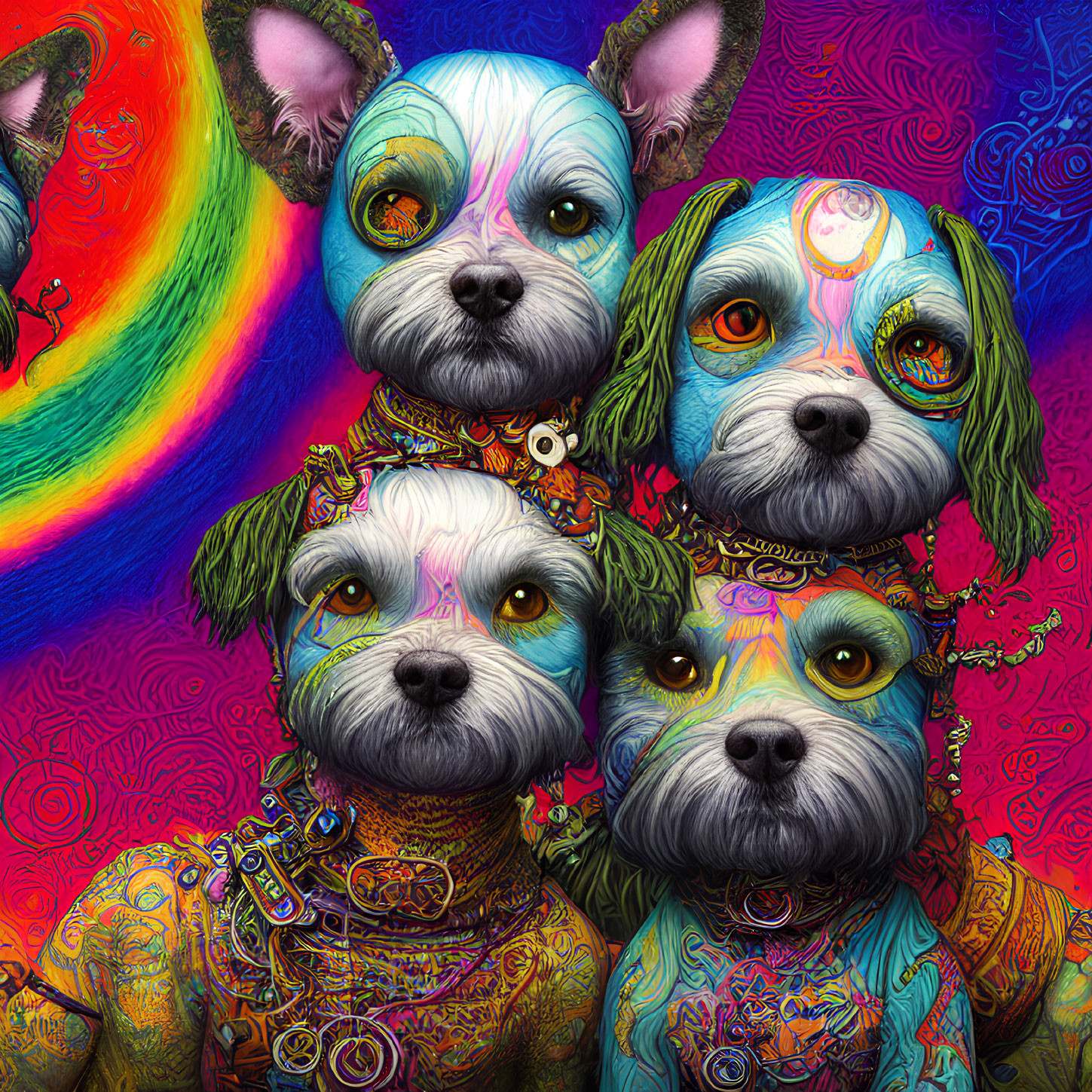 Colorful Illustration of Four Dogs with Psychedelic Patterns