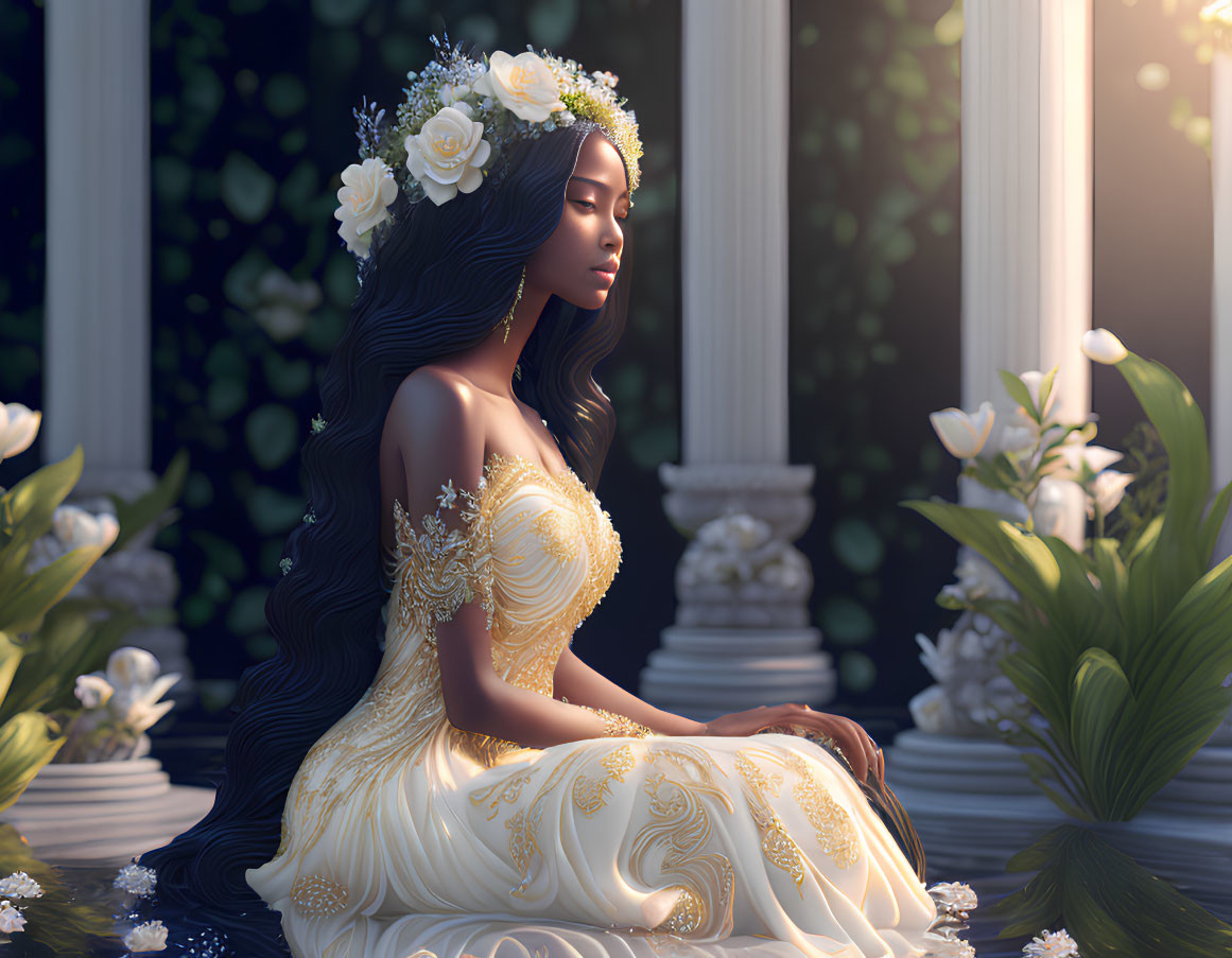 Woman in yellow floral gown with flower crown among white lilies in serene garden setting