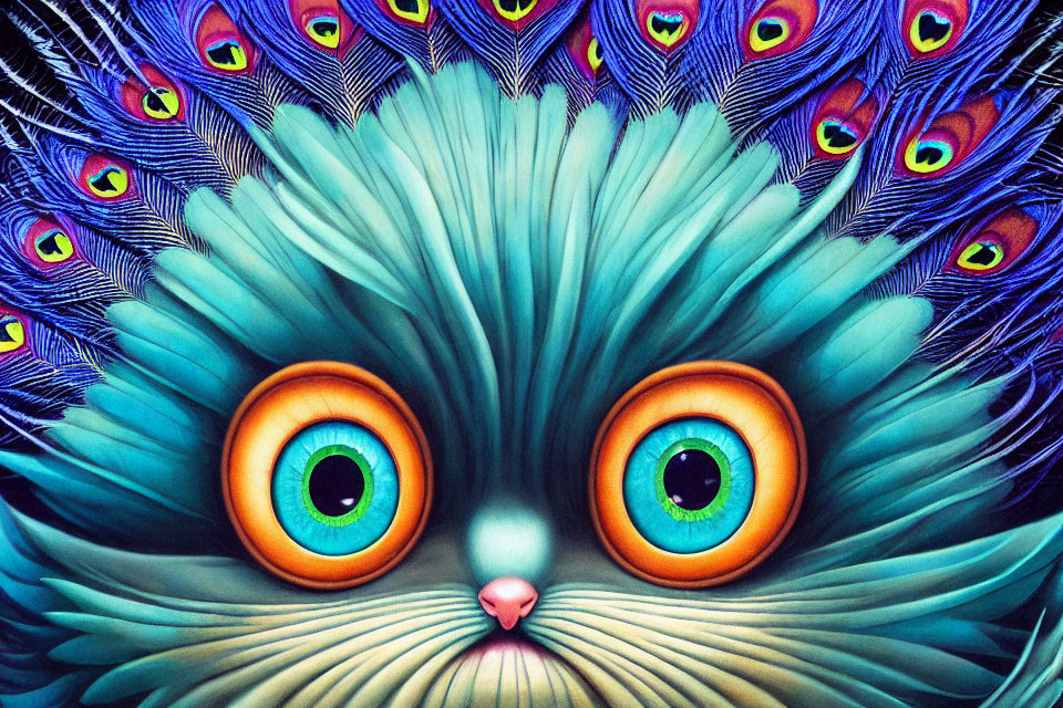 Colorful whimsical cat with large orange and green eyes on peacock feather background