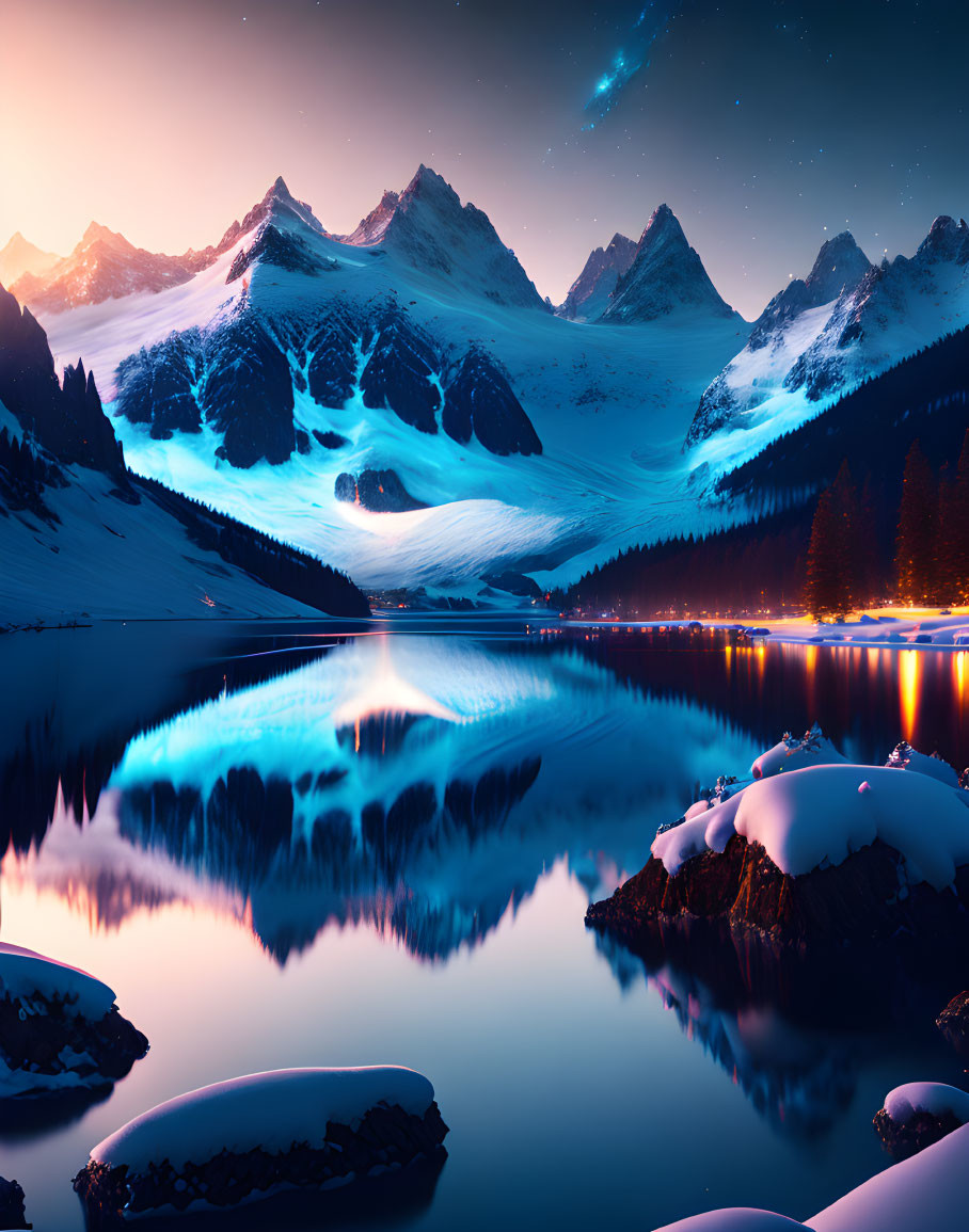 Snow-covered mountain peaks reflected in calm lake at twilight