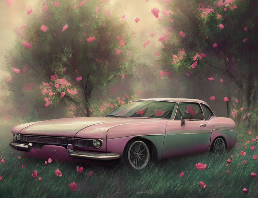 Vintage Pink Car Parked Under Dreamy Pink Blossom Canopy