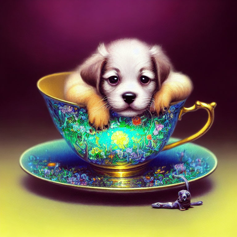 Adorable puppy in ornate teacup with sad eyes