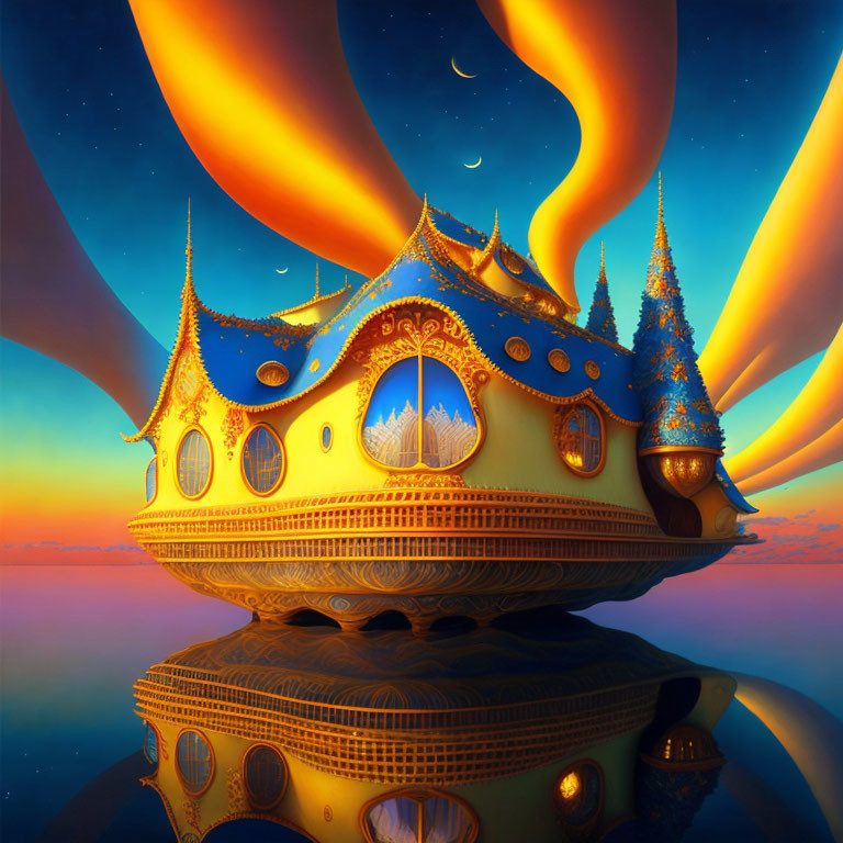 Fantastical floating palace with ornate spires and moons in twilight sky