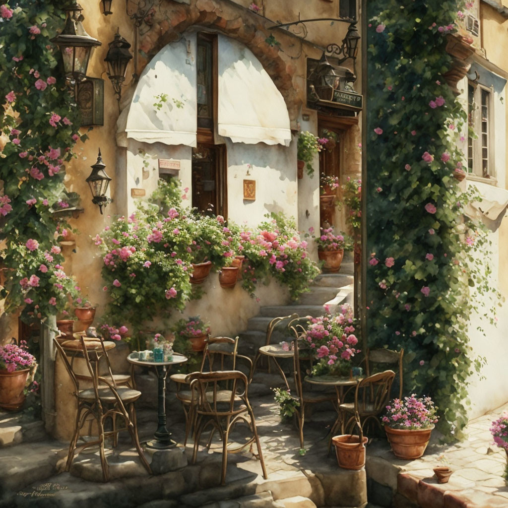 Blooming pink flowers in European courtyard with wrought iron chairs and vintage street lamps