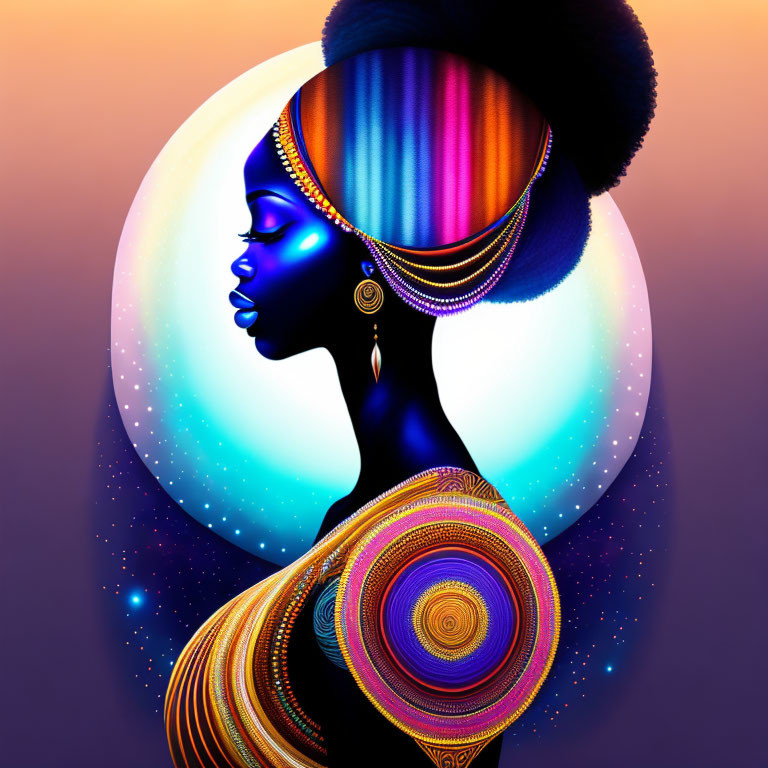 Colorful Woman in Headwrap Against Celestial Moon Background