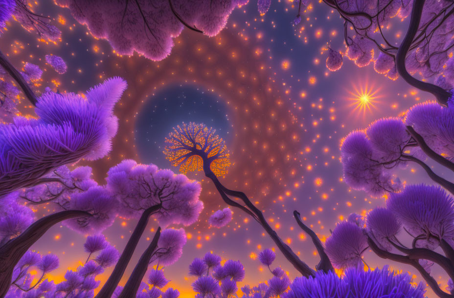 Surreal purple tree landscape under glowing sky