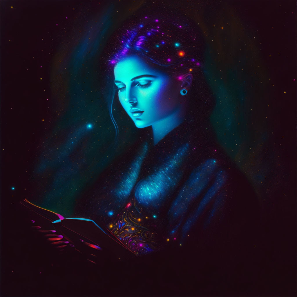 Neon portrait of woman reading book with cosmic elements