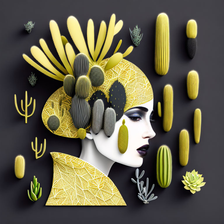 Female silhouette with headdress surrounded by stylized cacti and succulents on dark backdrop