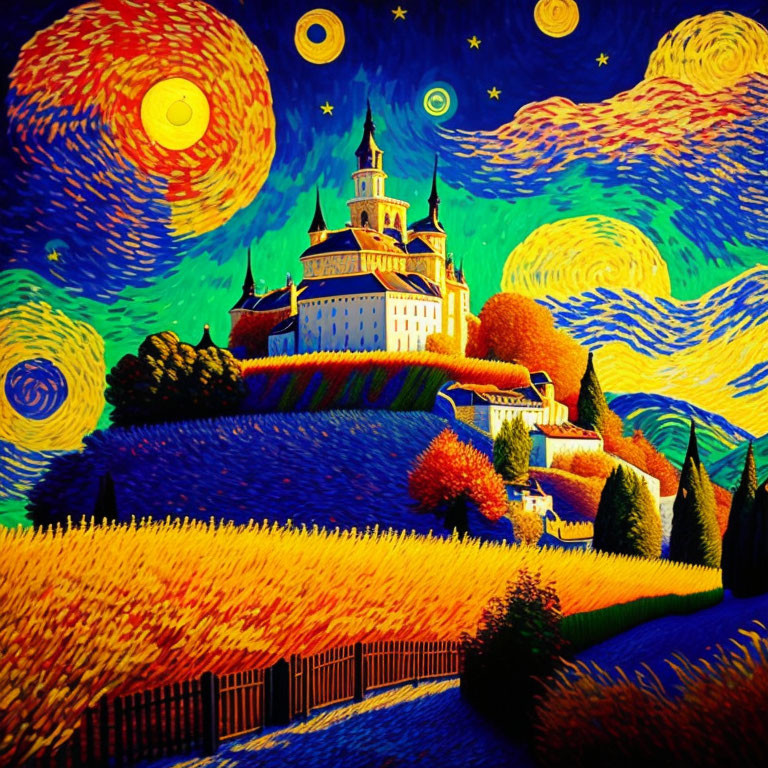 Colorful Van Gogh-style painting: Starry sky, castle on hill.