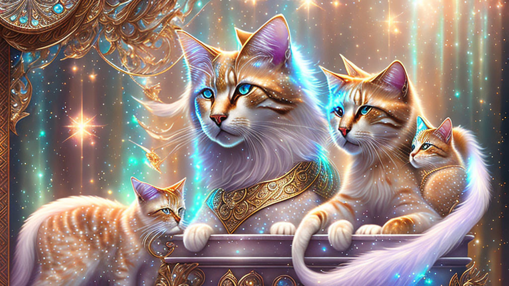 Three majestic cats with luminous blue eyes against a starry backdrop