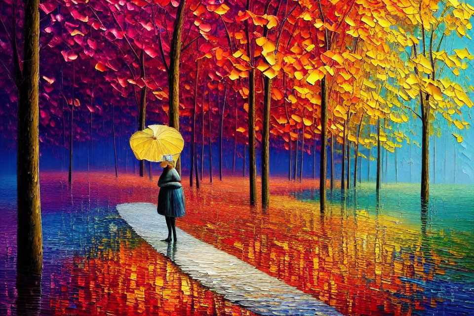 Person with yellow umbrella walking on path among vibrant, multicolored trees in autumn rain.