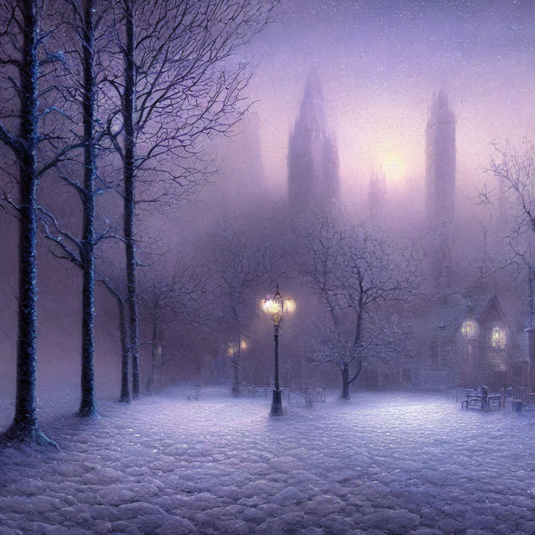 Snowy Dusk Landscape with Street Lamp and Gothic Structure