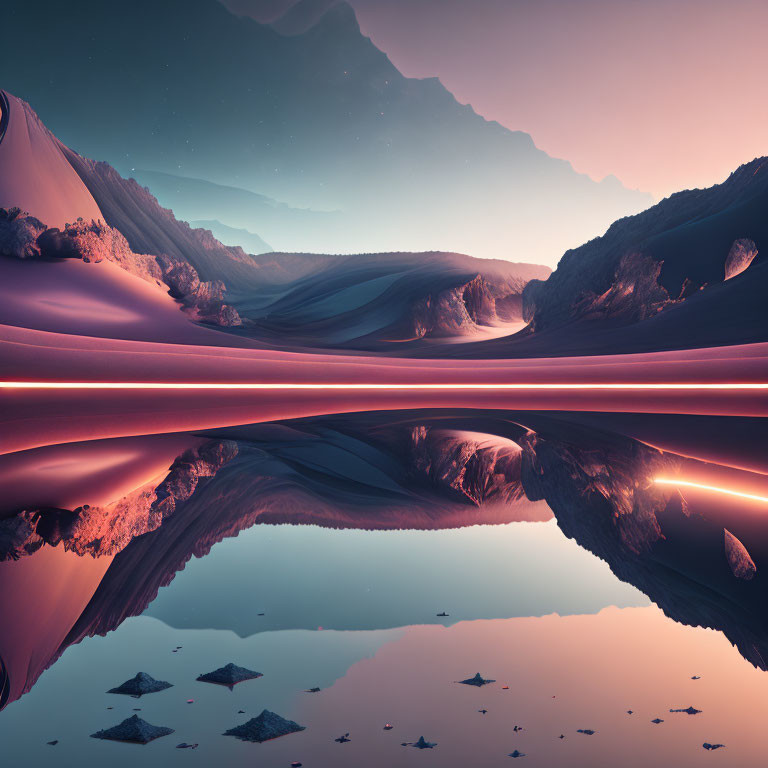 Surreal crimson sand dunes, mirrored water reflections, twilight sky with stars