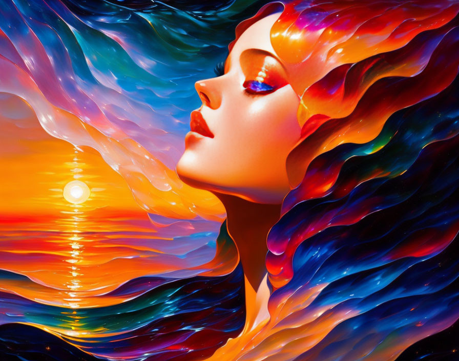 Colorful Woman's Profile Artwork with Fiery Wave Pattern and Sunset Reflection