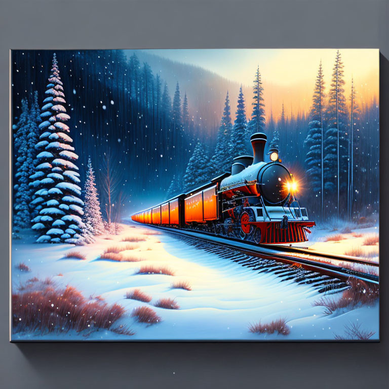 Vintage train in snowy night landscape with blue hues and starlit sky