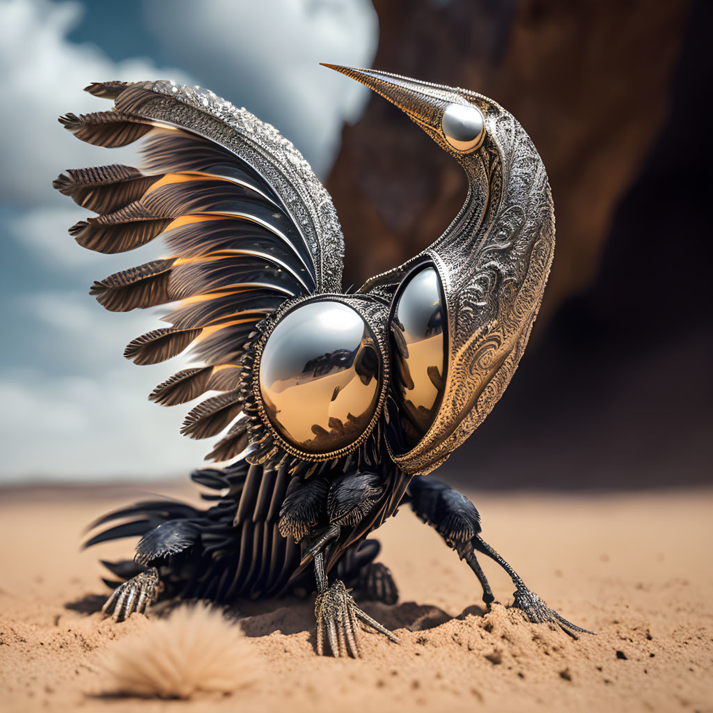 Ornate metallic bird sculpture in desert landscape