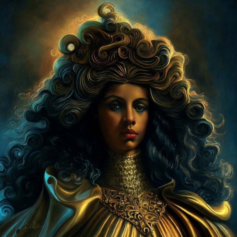 Detailed digital painting of a woman with curly hair and blue eyes in Victorian attire