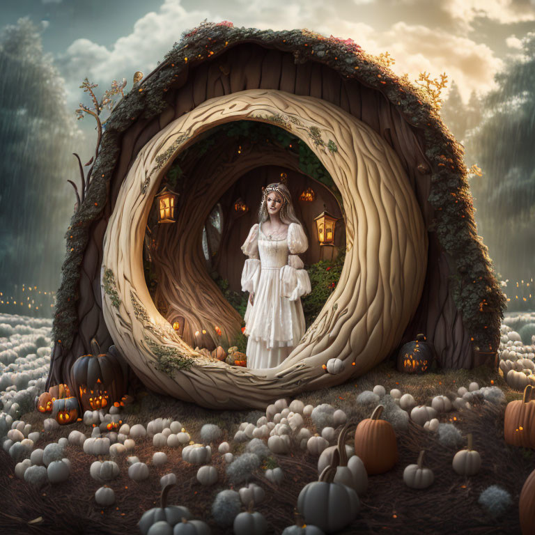 Woman in White Dress in Whimsical Tree Hollow with Pumpkins and Stormy Sky