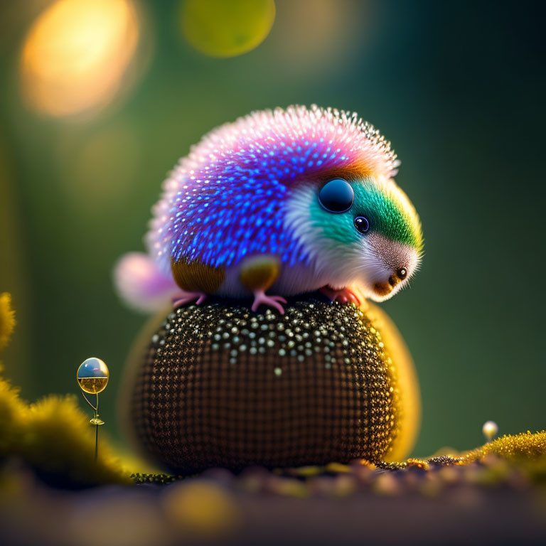 Colorful Hedgehog Resting on Textured Sphere in Sunlit Landscape