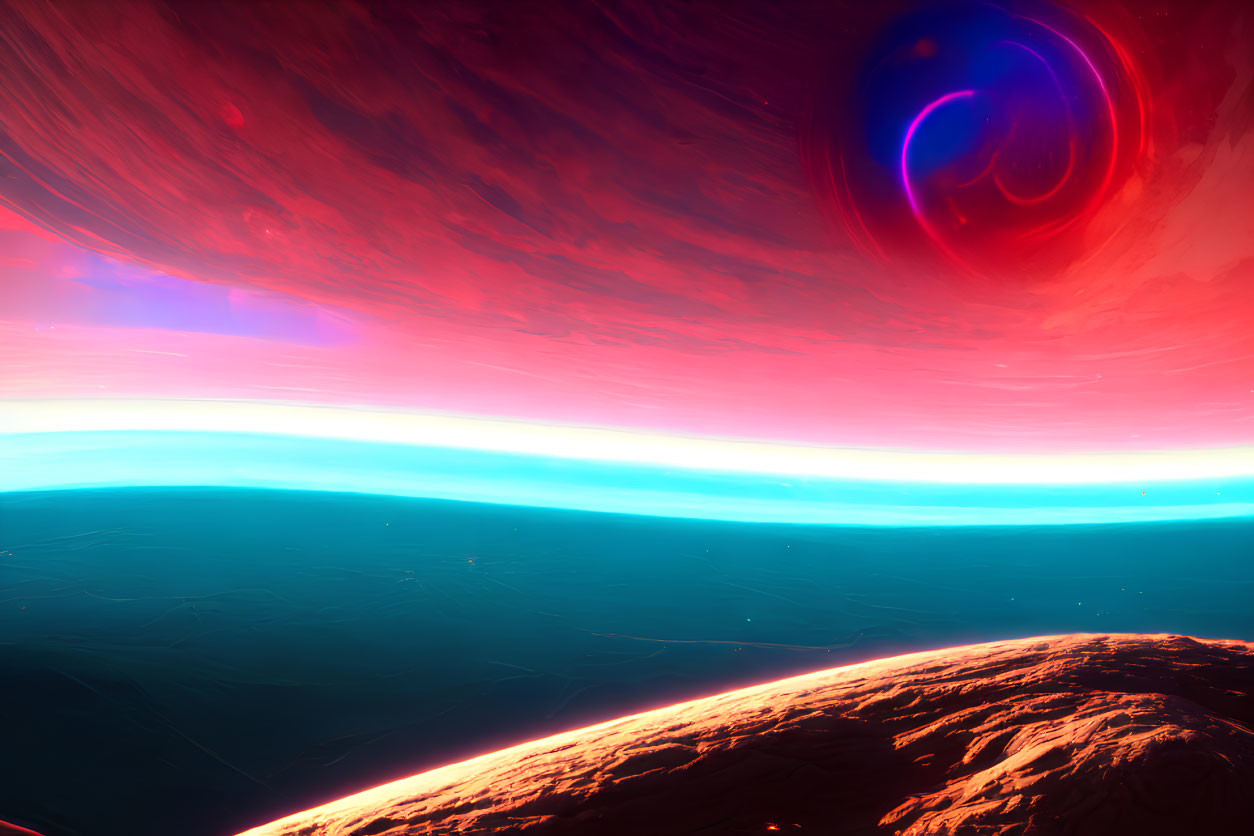 Vibrant sci-fi landscape with red terrain and celestial body under gradient sky.