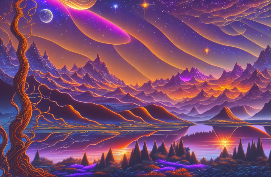 Fantasy landscape with purple sky, shooting stars, colorful mountains, lakes, and glowing flora