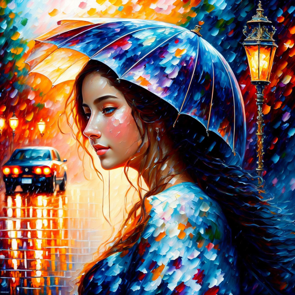 Colorful Impressionistic Painting of Woman with Umbrella in Rainy Street