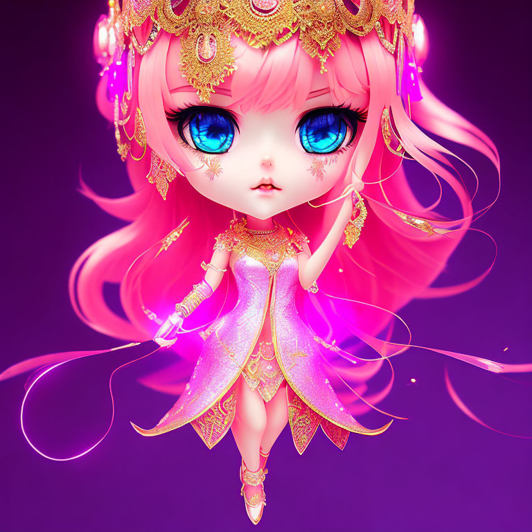 Colorful chibi-style character in pink and gold attire on purple background