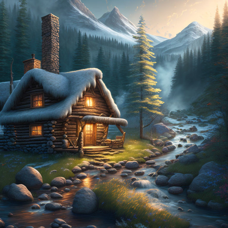 Snowy log cabin by stream in serene forest at twilight