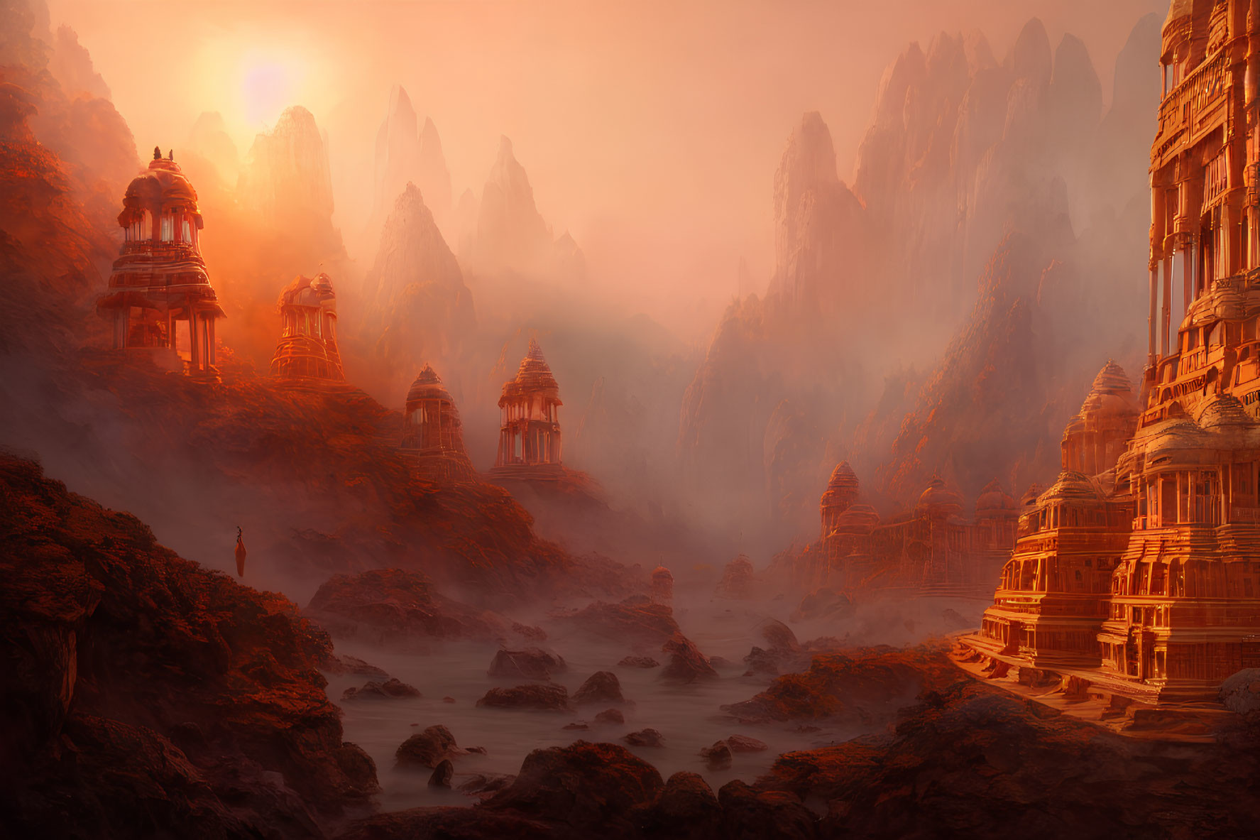 Mystical landscape with towering spires, ancient temples, and a solitary figure by a river