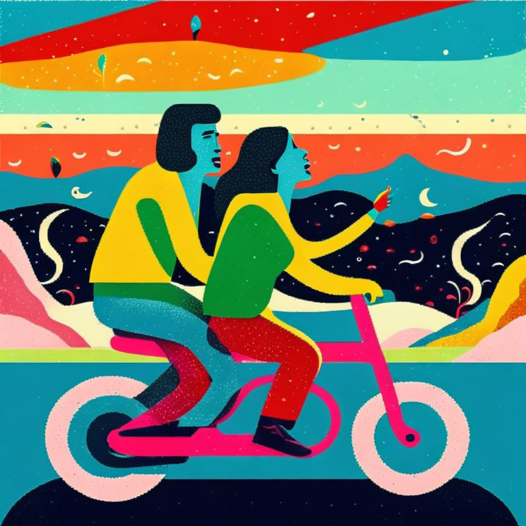 Illustration of two people on scooter in abstract celestial landscape