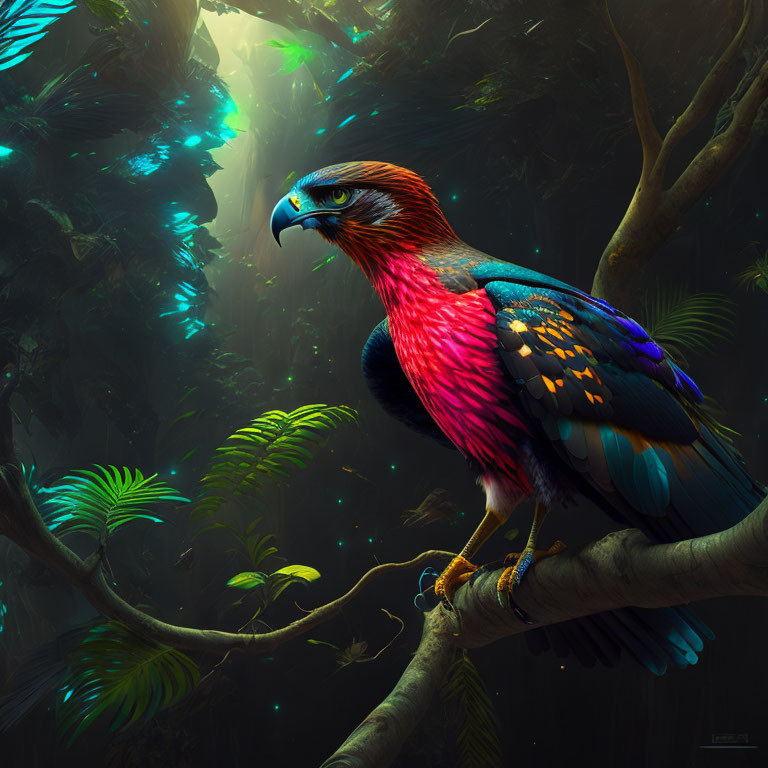 Colorful Bird with Red, Blue, and Gold Feathers Perched in Sunlit Forest