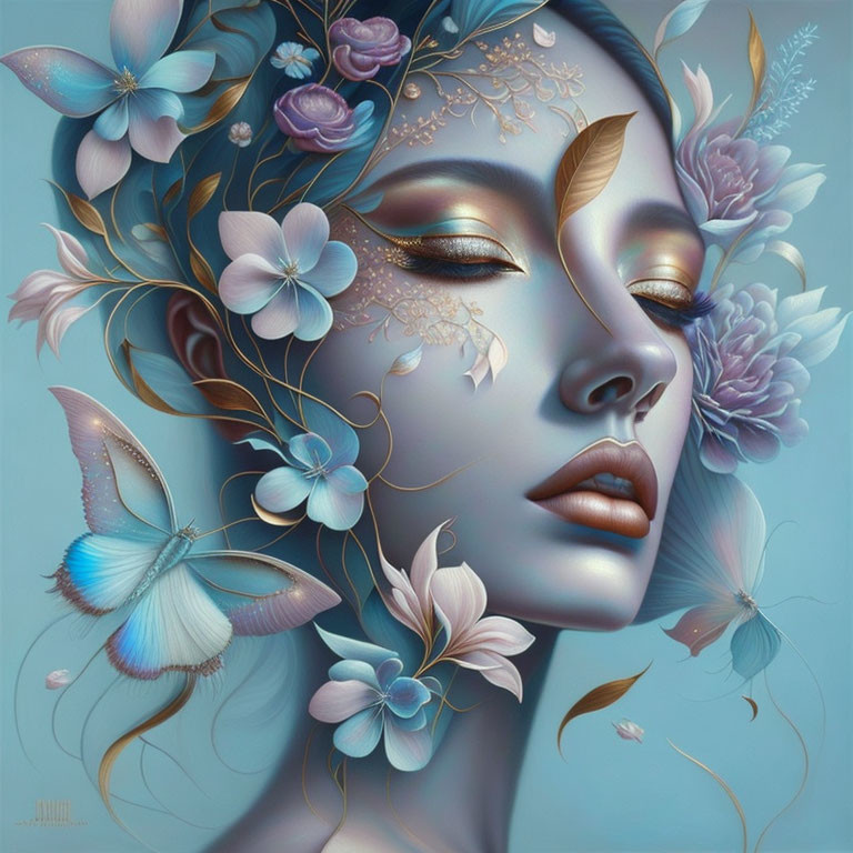 Woman portrait with closed eyes, blue flower crown, and butterflies