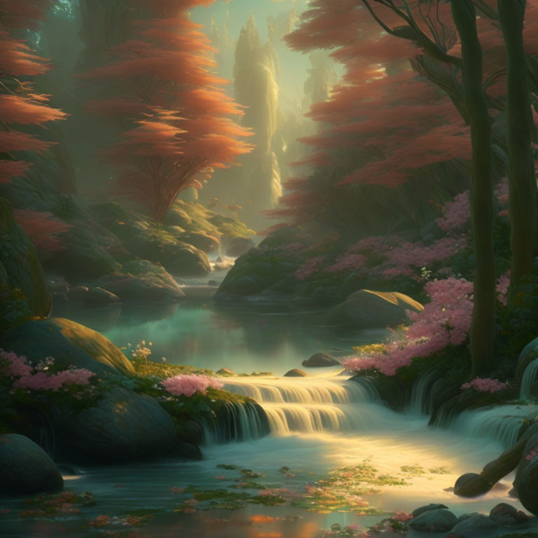 Tranquil forest stream with pink foliage and glowing light