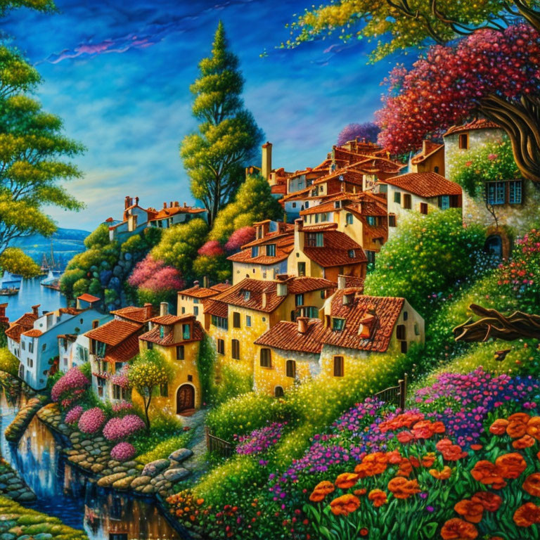 Colorful Coastal Village Painting with Blooming Trees