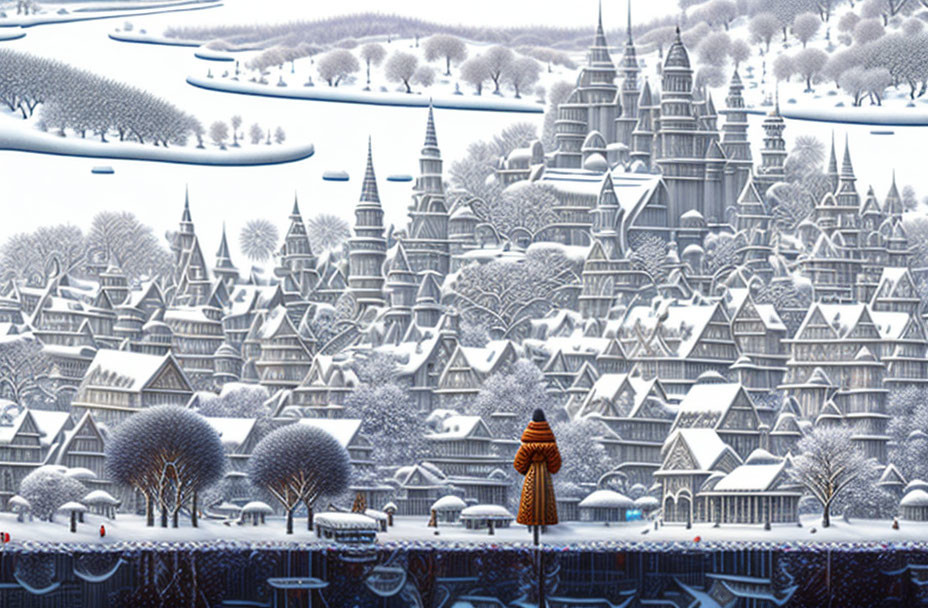 Solitary figure in scarf gazes at snow-covered fantasy cityscape