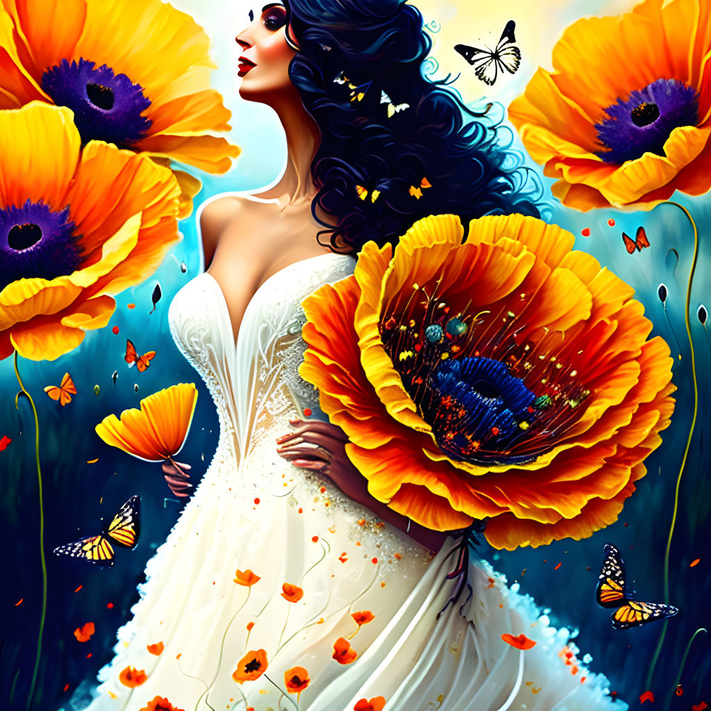 Colorful artwork of woman in white dress with poppies and butterflies