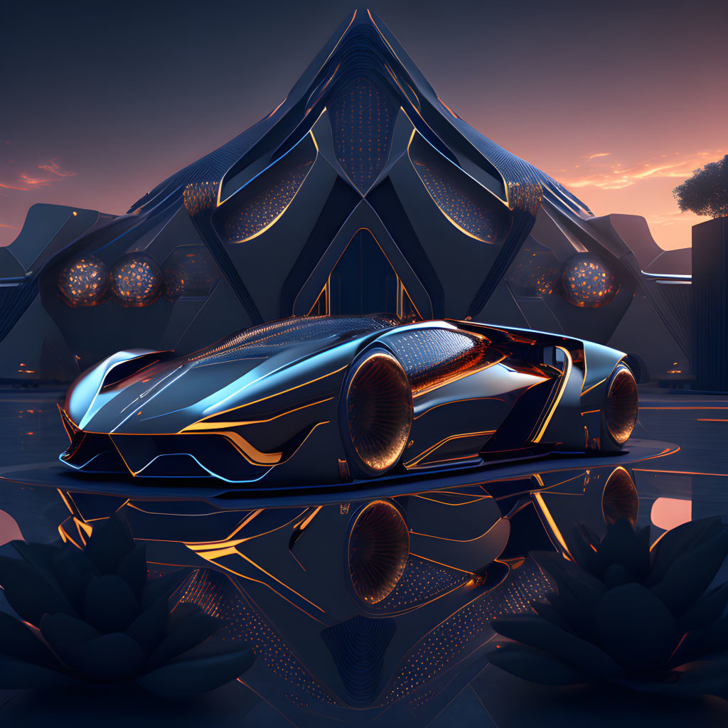 Sleek futuristic concept car with reflective surfaces and neon lighting