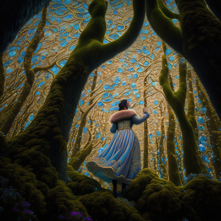 Person in Flowing Blue Dress in Otherworldly Forest with Glowing Blue Leaves