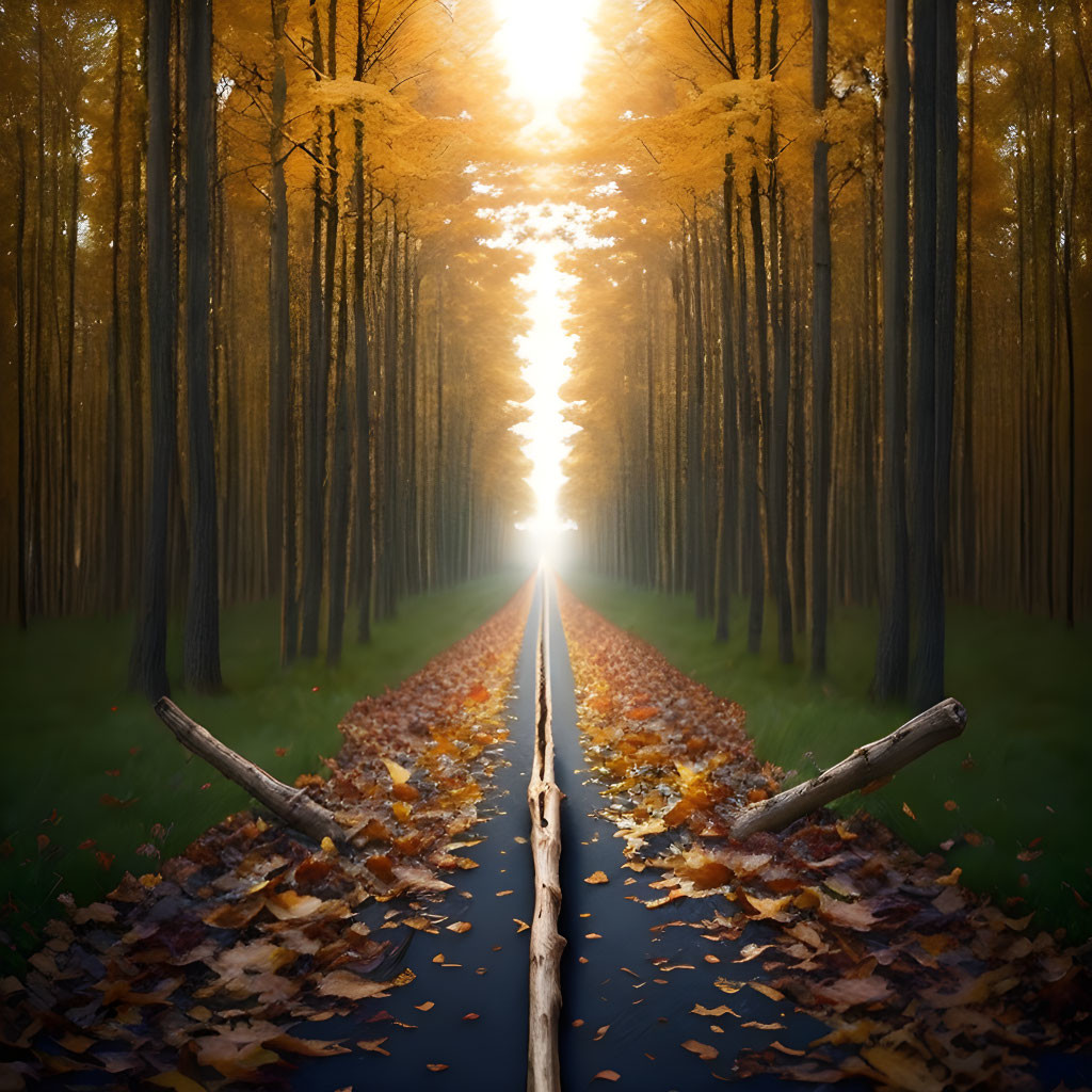 Scenic autumn railway track with golden foliage and bright light