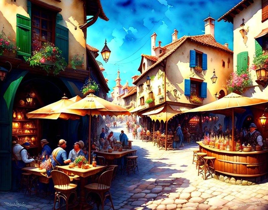 Colorful street scene with outdoor cafes, vibrant buildings, and hanging flower baskets under blue sky