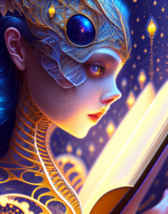 Portrait of woman with golden headgear and sapphire, reading glowing book in magical light