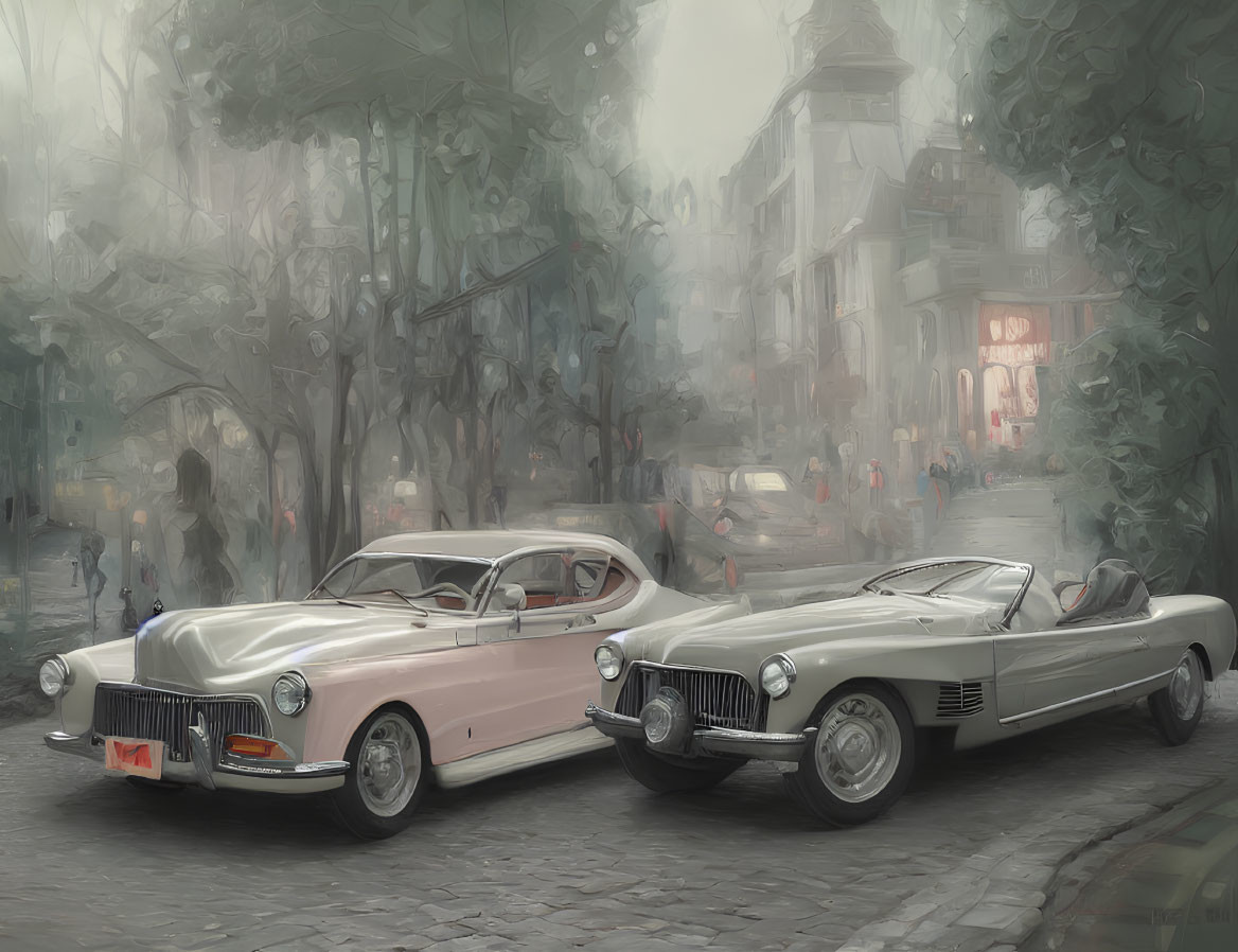 Classic cars on foggy cobblestone street with pedestrians and trees