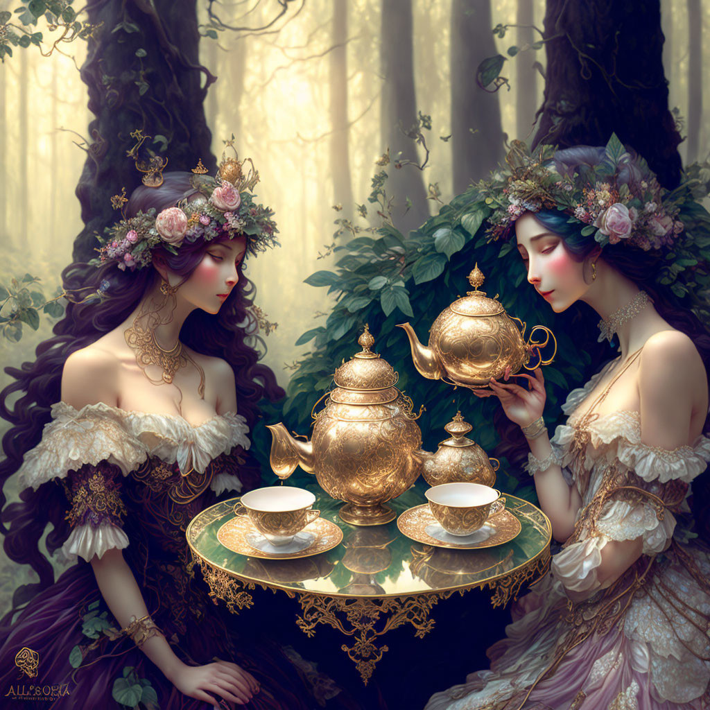 Vintage dresses and floral crowns: Two women at a golden teapot table in a mystical forest