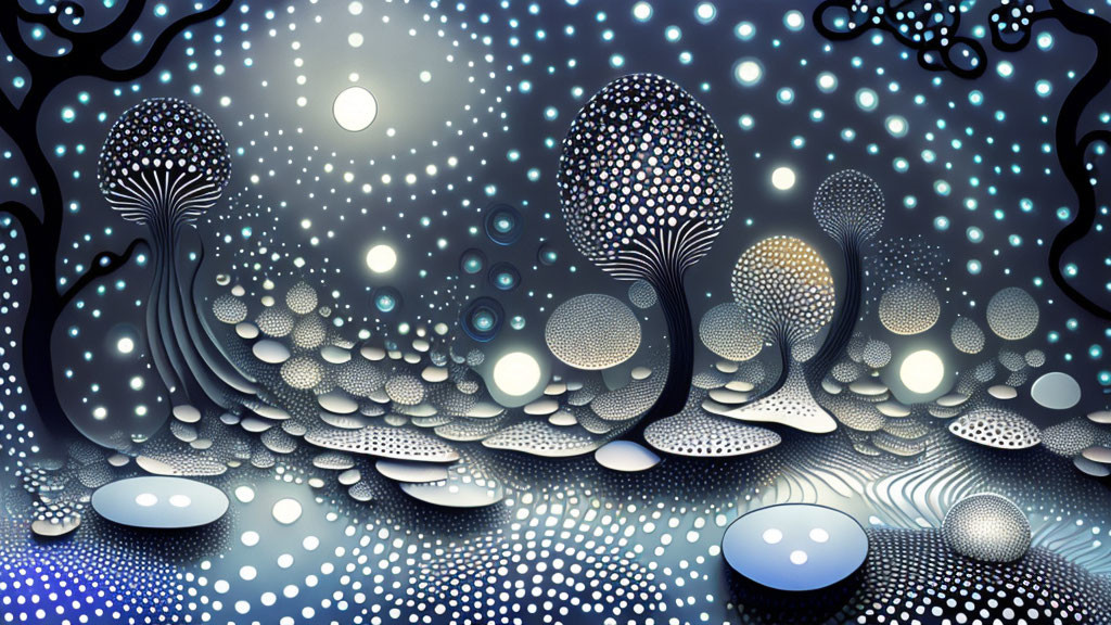 Surreal digital artwork: Dotted tree-like structures under starry sky